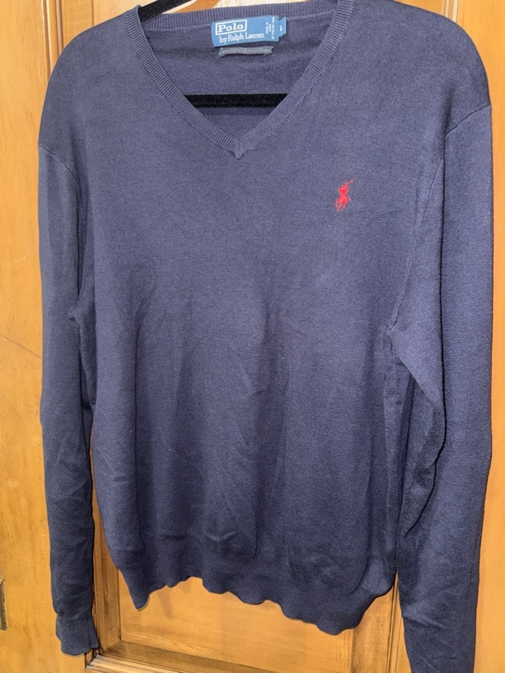 Polo by Ralph Lauren Men's Dark Navy V-Neck Sweater with Red Logo